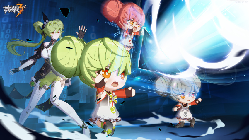4girls ai-chan_(chrono_navi)_(honkai_impact) ai-chan_(honkai_impact) bangs barcode barcode_tattoo bare_shoulders black_gloves black_thighhighs boots breasts chibi cleavage cleavage_cutout clothing_cutout detached_sleeves double_bun fingerless_gloves gloves green_hair grey_hair hair_bun hair_ornament highres honkai_(series) honkai_impact_3rd laser long_hair multiple_girls official_art open_mouth red_hair standing tattoo thigh_boots thighhighs very_long_hair white_footwear