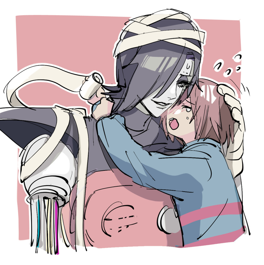 1boy 1other arms_around_neck bandaged_head bandages black_eyeshadow black_hair blue_shirt border crying eyeshadow frisk_(undertale) hair_over_one_eye hand_on_another's_head highres long_sleeves makeup mechanical_arms mettaton parted_lips shirt shoji_sakura short_hair smile striped striped_shirt sweatdrop tears undertale upper_body white_border white_hair