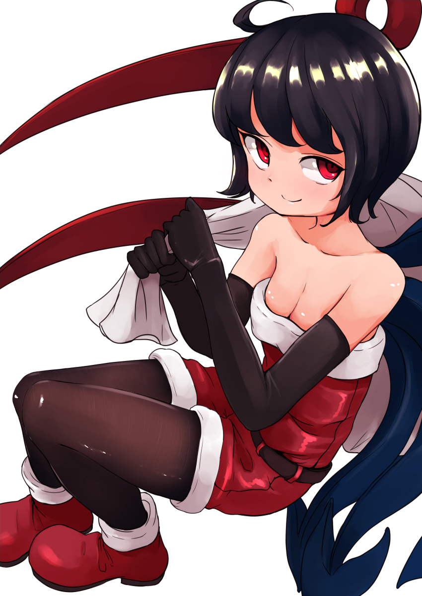 1girl absurdres asymmetrical_wings bangs belt black_belt black_gloves black_hair black_pantyhose blue_wings blush breasts christmas cleavage closed_mouth commentary_request cowlick elbow_gloves full_body gloves highres holding holding_sack houjuu_nue looking_at_viewer pantyhose red_eyes red_footwear red_wings sack santa_costume scottie0521 shoes short_hair simple_background small_breasts smile solo touhou white_background wings