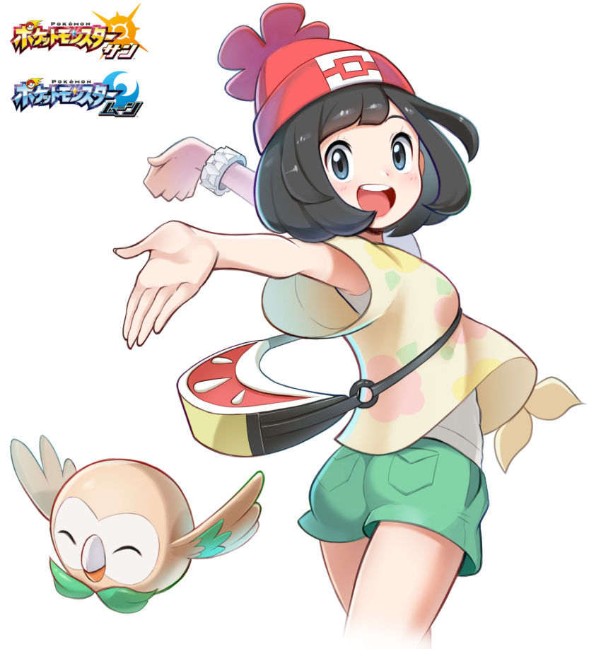 1girl :d bangs beanie black_hair blush bracelet eyelashes green_shorts grey_eyes hat highres jewelry looking_at_viewer mr.thunderigor open_mouth pokemon pokemon_(creature) pokemon_(game) pokemon_sm red_headwear rowlet selene_(pokemon) shirt short_hair short_shorts short_sleeves shorts simple_background smile t-shirt teeth tied_shirt tongue upper_teeth_only white_background z-ring