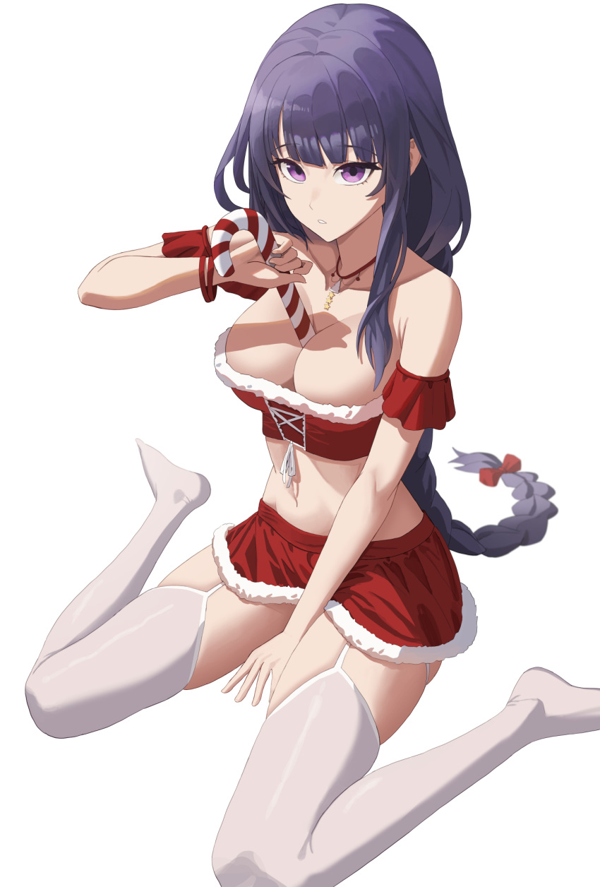 1girl alternate_costume arm_garter bangs bare_shoulders bow braid braided_ponytail breasts candy candy_cane cleavage crop_top cross-laced_clothes food frilled_garter fur-trimmed_shirt fur-trimmed_skirt fur_trim garter_straps genshin_impact hair_bow hand_up highres holding holding_candy holding_candy_cane holding_food human_scabbard jewelry legs llami_0 long_hair looking_at_viewer medium_breasts midriff miniskirt navel necklace no_shoes parted_lips purple_eyes purple_hair raiden_shogun red_bow red_garter red_skirt red_tube_top santa_costume shirt sidelocks simple_background single_braid sitting skindentation skirt solo stomach strapless strapless_shirt thighhighs thighs tube_top wariza white_background white_garter_straps white_thighhighs wristband zettai_ryouiki