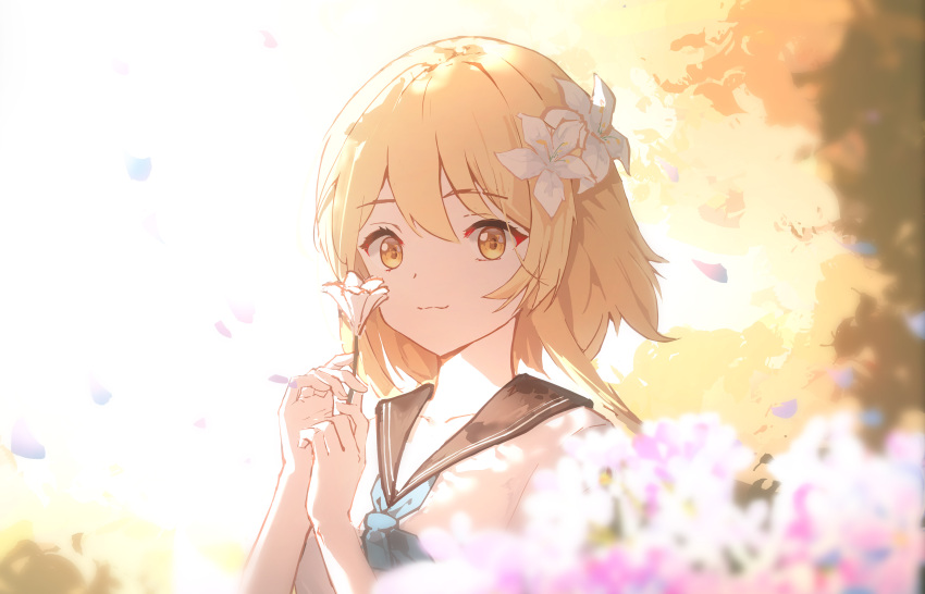 1girl absurdres blonde_hair collarbone day flower genshin_impact h1910984490 hair_between_eyes hair_flower hair_ornament highres holding holding_flower lumine_(genshin_impact) outdoors tree upper_body white_flower white_petals yellow_eyes