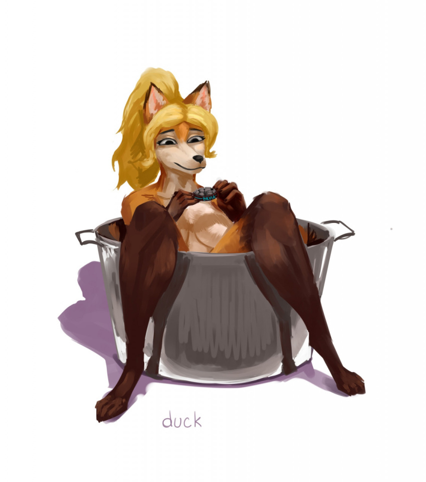 anthro bathtub black_eyebrows black_lips black_nose blonde_hair breasts brown_body brown_fur brown_hands brown_paws canid canine dark_body dark_eyebrows dark_eyes dark_fur digitigrade drugs duckhere eyebrows feet female fox fur hair hi_res inner_ear_fluff lips mammal metal multicolored_body multicolored_fur nude orange_body orange_fur paws pink_inner_ear pink_inner_ear_fluff reflection shadow simple_background solo text tuft white_body white_breasts white_fur white_hair white_neck