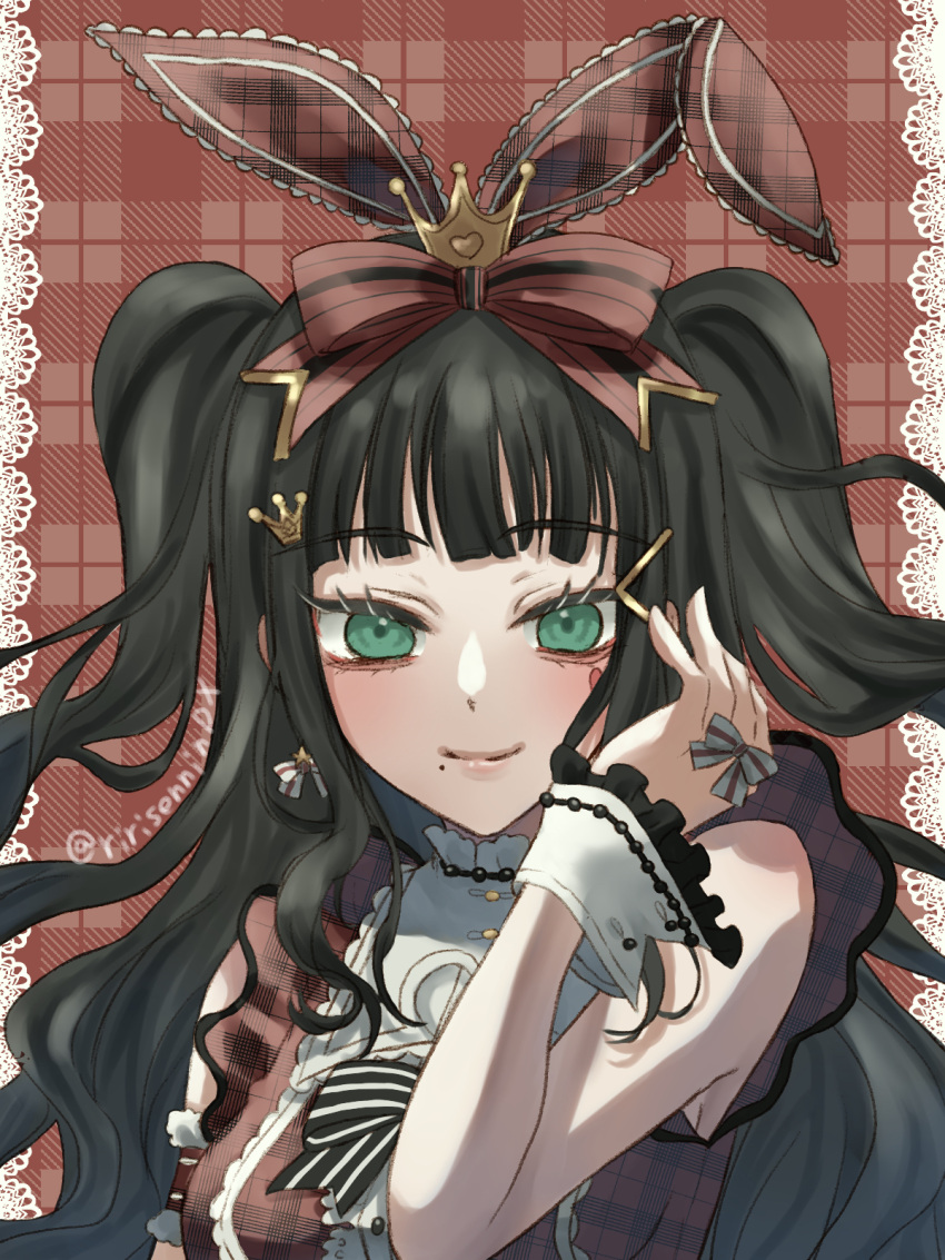 1girl bangs blush bow crown_hair_ornament dress green_eyes hair_bow hair_ribbon hand_on_own_cheek hand_on_own_face highres kurosawa_dia long_hair love_live! love_live!_sunshine!! mole mole_under_mouth plaid plaid_background plaid_dress portrait red_bow red_dress red_ribbon ribbon riri_sen'nin smile solo twitter_username two_side_up wrist_cuffs