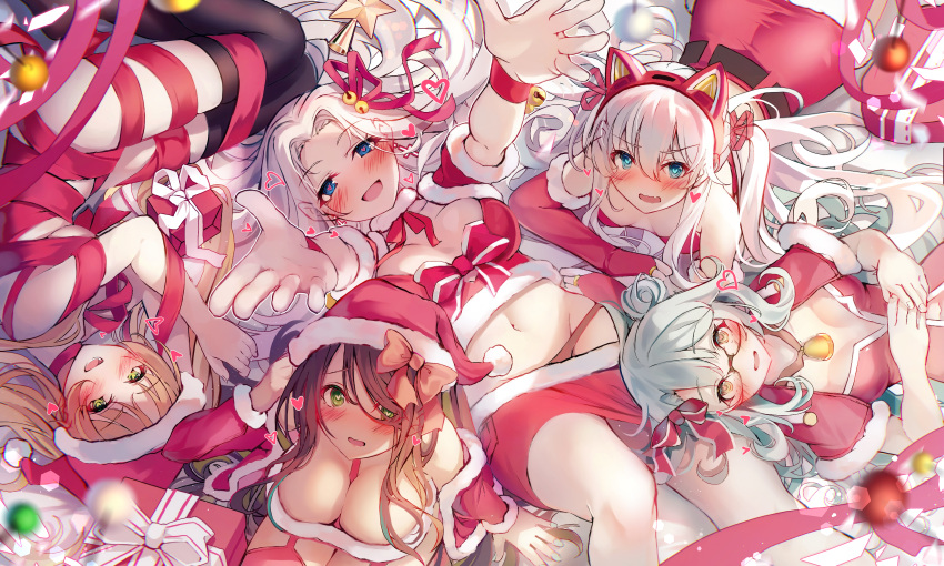 5girls :d absurdres alternate_costume animal_ears aqua_hair arms_up ass azur_lane bangs bare_shoulders bed_sheet between_breasts black_hair black_thighhighs blonde_hair blue_eyes blush box breasts bridal_gauntlets cat_ears cat_hair_ornament chinese_commentary choker christmas cleavage clothes_pull collarbone commentary_request crop_top dark-skinned_female dark_skin english_commentary fake_animal_ears fur-trimmed_shirt fur_trim garter_straps gift gift_box glasses green_eyes green_hair groin hair_between_eyes hair_bun hair_ornament hair_over_one_eye hair_ribbon hair_spread_out hairband hammann_(azur_lane) hammann_ii_(azur_lane) hat heart heart-shaped_pupils heaven's_melody highres hornet_(azur_lane) hornet_ii_(azur_lane) langley_(azur_lane) langley_ii_(azur_lane) large_breasts long_hair long_sleeves looking_at_viewer lying midriff mixed-language_commentary multicolored_hair multiple_girls naked_ribbon navel northampton_(azur_lane) northampton_ii_(azur_lane) off_shoulder on_back on_side on_stomach open_mouth panties panty_peek parted_bangs reaching_towards_viewer red_hairband red_headwear red_panties red_ribbon red_shirt red_skirt red_thighhighs ribbon ribbon_choker santa_costume santa_hat shadow shirt sidelocks single_hair_bun single_side_bun sitting skirt skirt_pull small_breasts smile star_(symbol) stomach strap_between_breasts symbol-shaped_pupils thighhighs twintails two-tone_hair two_side_up underwear very_long_hair white_hair wrist_ribbon yellow_eyes yorktown_(azur_lane) yorktown_ii_(azur_lane)