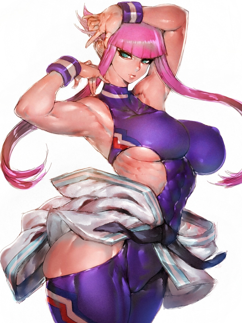 1girl bangs bare_shoulders belt black_belt blue_eyes blue_leotard blunt_bangs breasts clothing_cutout cowboy_shot dougi expressionless fumio_(rsqkr) highres hip_vent large_breasts leotard looking_to_the_side manon_(street_fighter) martial_arts_belt panty_straps pink_hair short_hair_with_long_locks solo street_fighter street_fighter_6 white_background wristband