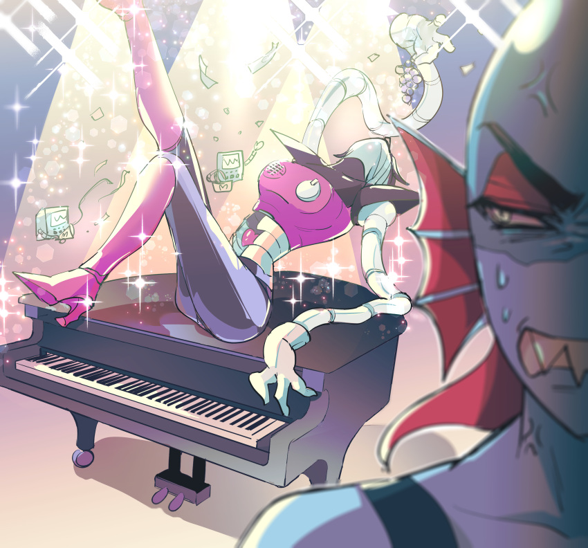 1boy 1girl absurdres android anger_vein bare_shoulders black_tank_top blue_skin blurry blurry_foreground clenched_teeth colored_skin eyeshadow full_body head_fins highres instrument leaning_back leg_up looking_back makeup mechanical_arms mettaton piano reclining red_eyeshadow robot sharp_teeth shoji_sakura sitting_on_piano sparkle stage_lights sweatdrop tank_top teeth undertale undyne upper_body