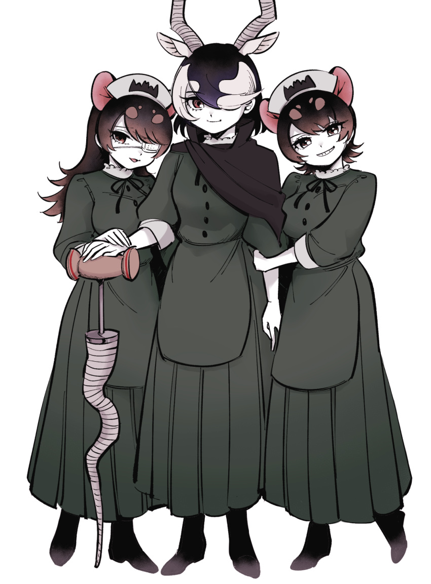 3girls antelope_ears antelope_horns australian_devil_(kemono_friends) batten_japari_dan black_dress blackbuck_(kemono_friends) cape dress empty_eyes eyepatch hat highres horn_lance kemono_friends kemono_friends_3 long_hair looking_at_viewer mallet_horn_lance medical_eyepatch multiple_girls nurse nurse_cap tasmanian_devil_(kemono_friends) tasmanian_devil_ears tasmanian_devil_tail yokuko_zaza