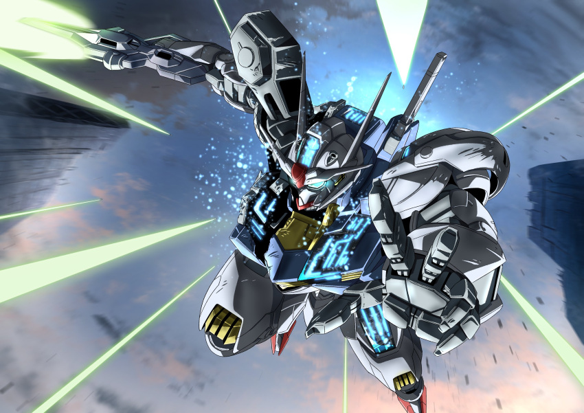 beam_saber blue_eyes charging_forward cloud flying glowing glowing_eyes gundam gundam_aerial gundam_suisei_no_majo highres holding holding_sword holding_weapon mecha mobile_suit no_humans open_hand robot science_fiction sky solo sword tyuuboutyauyo v-fin weapon