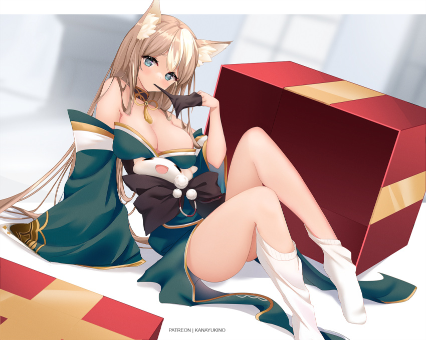 1girl animal_ear_fluff animal_ears bangs bare_shoulders black_bow black_gloves blue_eyes bow box breasts cleavage commentary dog_ears english_commentary fallen_down genshin_impact gift gift_box gloves highres hina_(genshin_impact) indoors japanese_clothes kana_yukino kimono long_hair looking_at_viewer loose_socks on_floor paid_reward_available socks solo thighs very_long_hair watermark white_socks window
