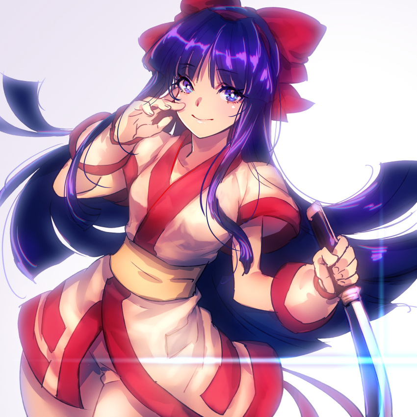 1girl absurdres ainu_clothes bangs blue_eyes blue_hair blunt_ends bow breasts cowboy_shot hair_bow hairband highres holding holding_knife kin_mokusei knife long_hair looking_at_viewer medium_breasts nakoruru pants red_bow red_hairband samurai_spirits short_sleeves smile solo white_background white_pants wrist_cuffs