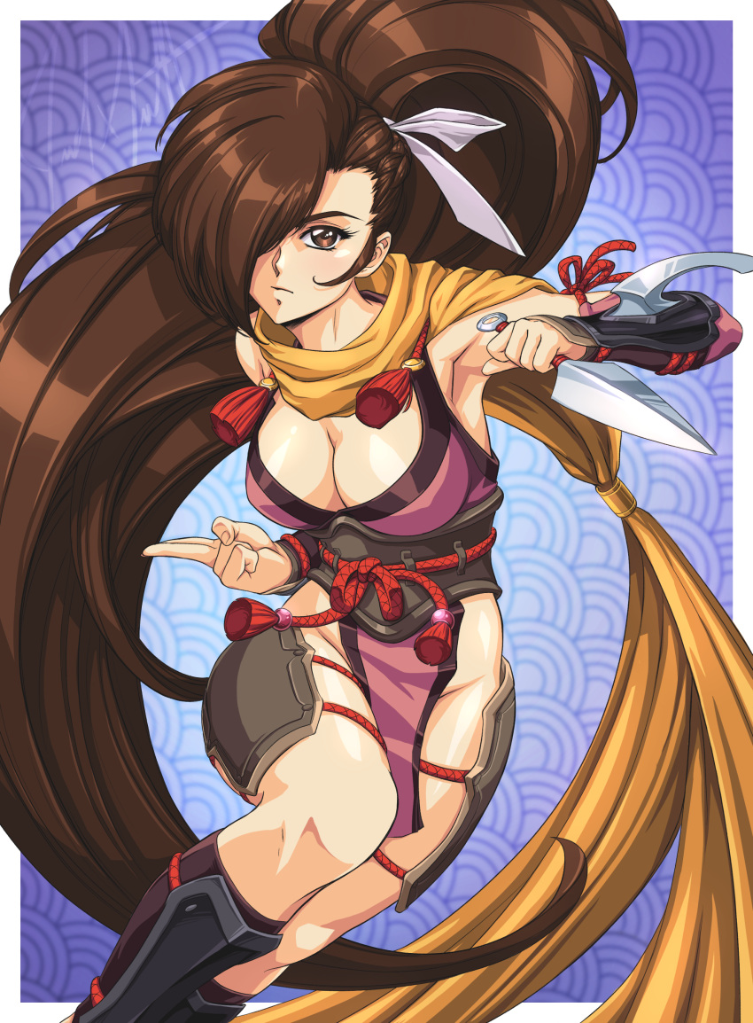 1990s_(style) 1girl absurdres bangs breasts brown_eyes brown_hair cleavage fire_emblem fire_emblem_fates gloves hair_over_one_eye highres kagero_(fire_emblem) kunai long_hair looking_at_viewer ninja ponytail retro_artstyle scarf sirknightbot solo weapon