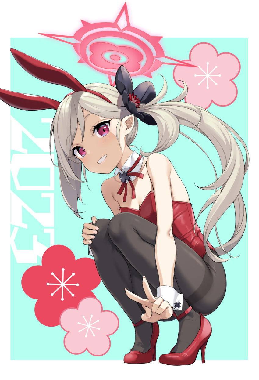 1girl 2023 alternate_costume animal_ears bare_shoulders black_flower black_pantyhose blue_archive bow bowtie cherry_blossoms chinese_zodiac detached_collar fake_animal_ears floral_background flower grey_hair hair_flower hair_ornament halo high_heels highres legs leotard long_hair looking_at_viewer mutsuki_(blue_archive) pantyhose playboy_bunny rabbit_ears red_footwear red_leotard shoes side_ponytail smile solo squatting strapless strapless_leotard takayaki two-tone_background v very_long_hair wrist_cuffs year_of_the_rabbit