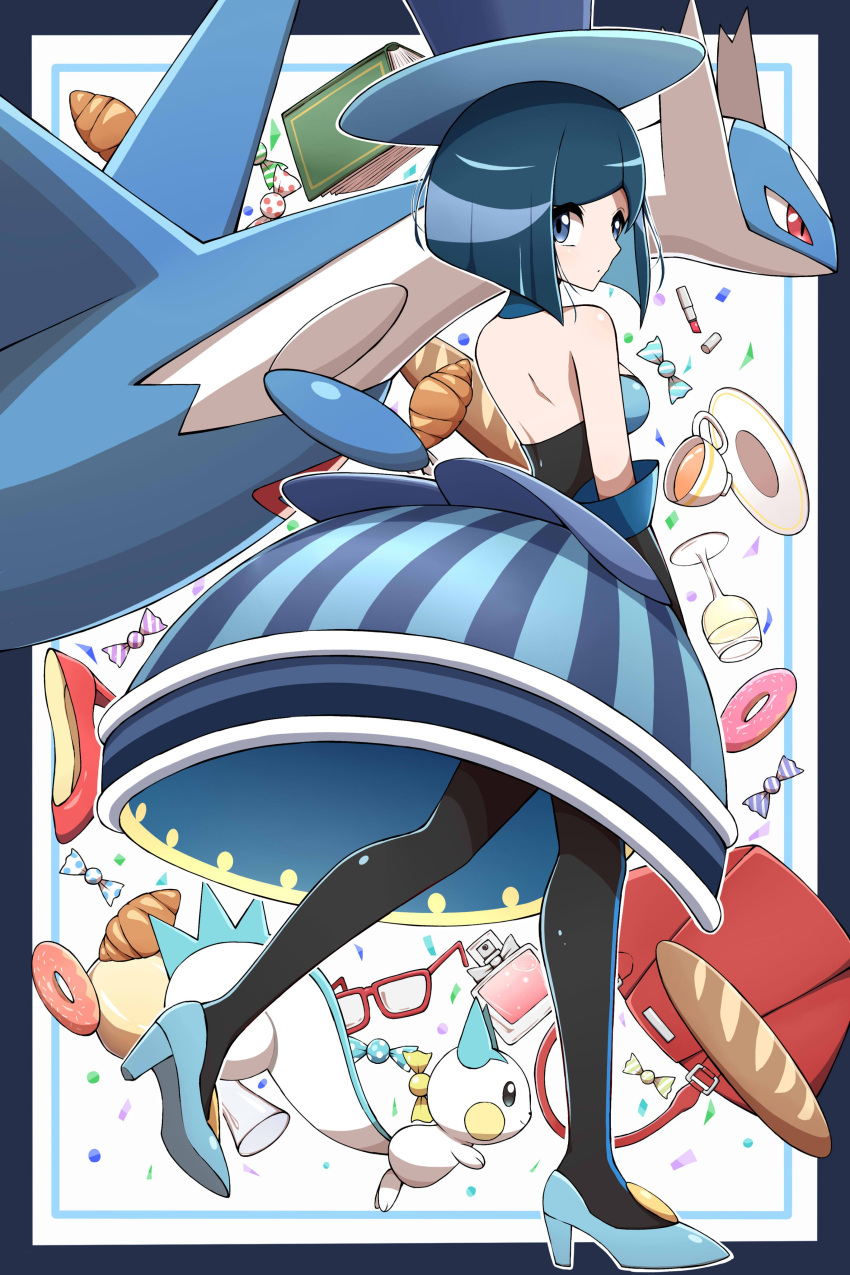 1girl absurdres bare_shoulders battle_chatelaine black_gloves black_pantyhose blue_dress blue_eyes blue_hair blue_headwear candy_wrapper commentary_request croissant cup doughnut dress elbow_gloves evelyn_(pokemon) food glass gloves hat high_heels highres latios pachirisu pantyhose pokemon pokemon_(creature) pokemon_(game) pokemon_xy saucer shabana_may teacup top_hat