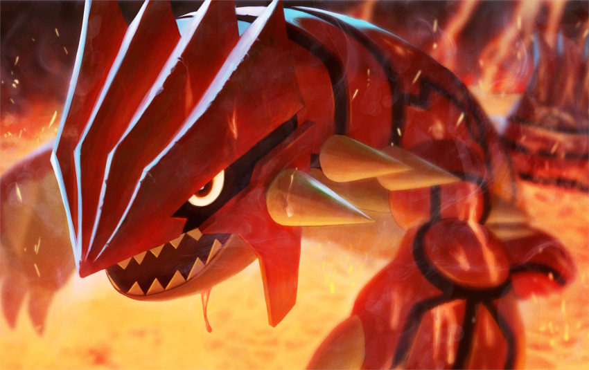blurry commentary fire glowing glowing_eyes groudon highres molten_rock no_humans open_mouth pokemon pokemon_(creature) rend sharp_teeth solo spikes teeth wading