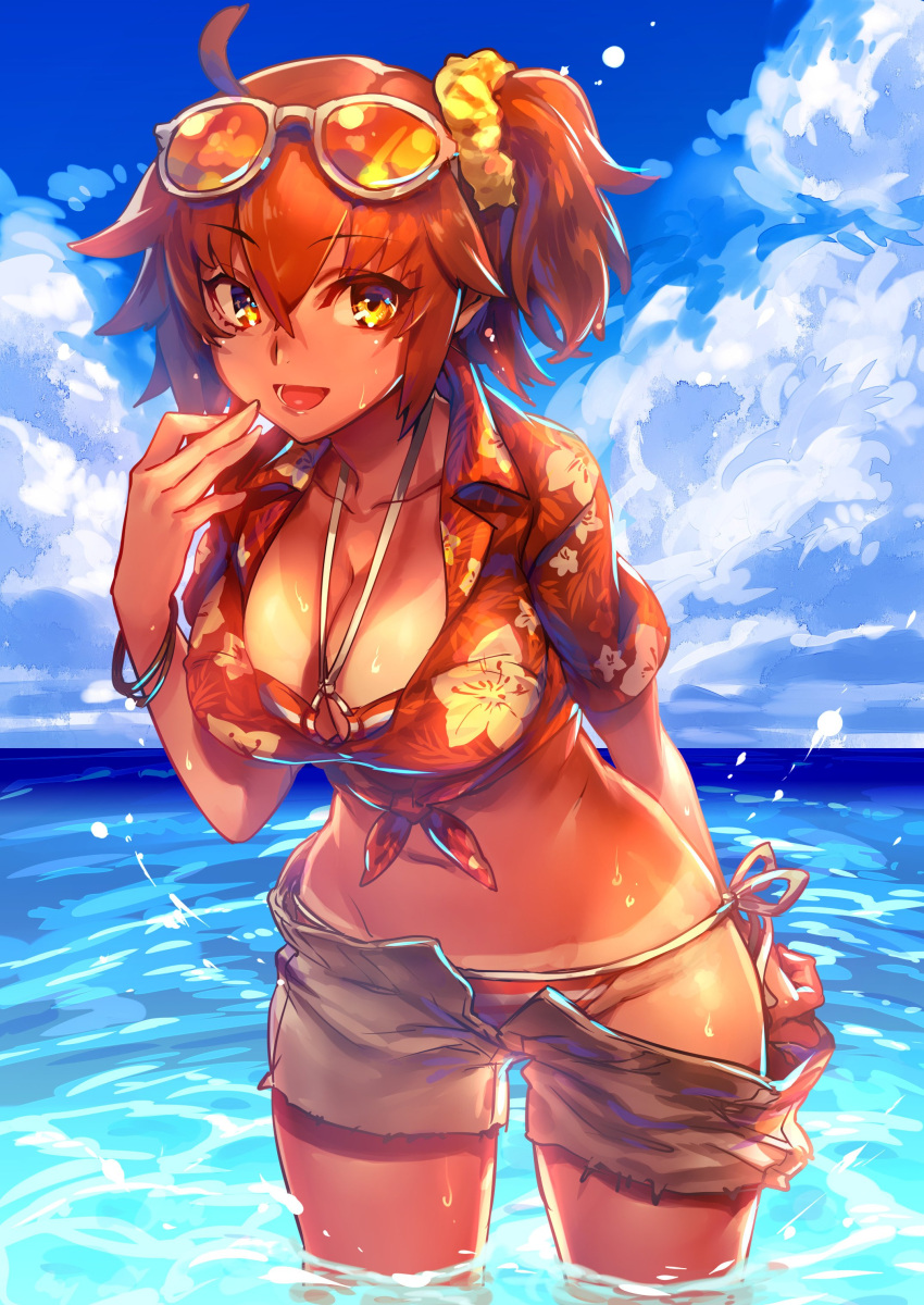 1girl absurdres ahoge arm_behind_back bangs bikini blue_sky bracelet breasts brown_eyes brown_hair cleavage clothes_pull cloud cloudy_sky commentary_request cowboy_shot crossed_bangs day eyewear_on_head fate/grand_order fate_(series) floral_print fujimaru_ritsuka_(female) fujimaru_ritsuka_(female)_(tropical_summer) grey_shorts hair_between_eyes hair_ornament hair_scrunchie hand_to_own_mouth hawaiian_shirt highres jewelry kin_mokusei large_breasts leaning_forward looking_at_viewer midriff navel ocean open_clothes open_mouth open_shorts partially_submerged print_shirt scrunchie shirt short_shorts short_sleeves shorts shorts_pull side_ponytail sky smile solo striped striped_bikini swimsuit tan tanlines tongue wading water wet