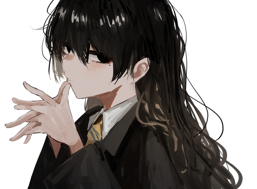 1girl bangs black_eyes black_hair blush clothing_request collar collared_shirt facing_to_the_side finger_to_mouth hair_behind_ear hair_between_eyes hands_up highres long_hair long_sleeves looking_at_viewer mole mole_under_eye necktie original own_hands_together parted_lips pikuson school_uniform shirt simple_background solo upper_body white_background white_shirt wide_sleeves yellow_necktie