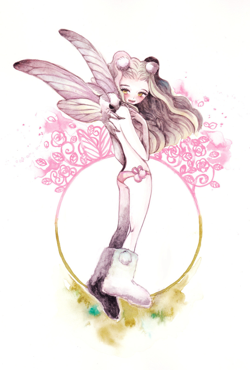 1girl absurdres ass blush boots bug circle full_body grey_hair hand_up highres leaf long_hair moth original oversized_insect panties pink_panties smile solo standing topless underwear white_background white_footwear wings yellow_eyes yuuinami