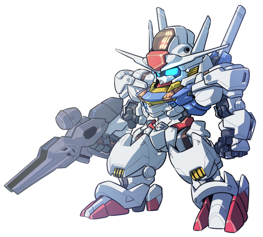 beam_rifle blue_eyes chibi commentary energy_gun full_body glowing glowing_eyes gun gundam gundam_aerial gundam_suisei_no_majo haiteku_reibou holding holding_gun holding_weapon mecha mobile_suit no_humans robot sd_gundam solo standing v-fin weapon white_background