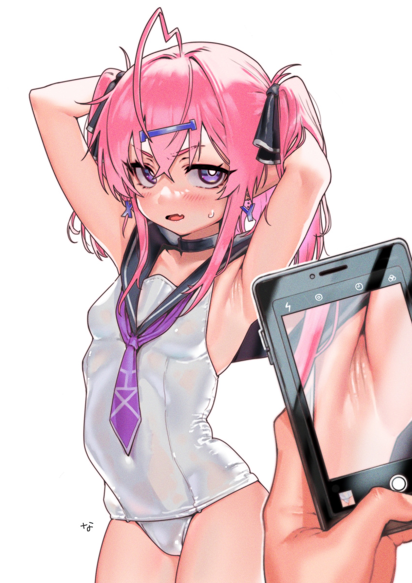 1girl 1other ahoge armpit_focus armpits arms_up bangs black_choker black_ribbon black_sailor_collar blush breasts cellphone choker crossed_bangs earrings eyelashes fang hair_between_eyes hair_ribbon highres holding holding_phone ixyv jewelry looking_at_viewer mixed-language_commentary nanja neckerchief one-piece_swimsuit original parted_lips phone pink_hair purple_eyes purple_neckerchief ribbon sailor_collar sailor_one-piece_swimsuit sidelocks simple_background skin_fang small_breasts smartphone solo_focus sweatdrop swimsuit two_side_up white_background