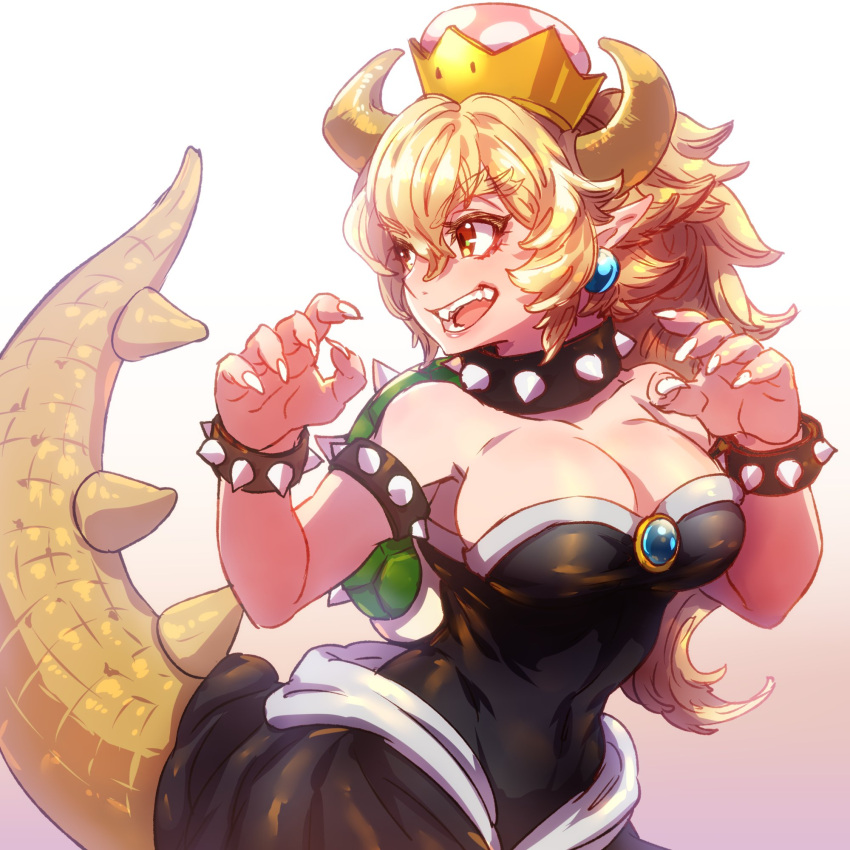 1girl animal_ears armlet bare_shoulders black_dress blonde_hair bowsette bracelet breasts chest_jewel claws cleavage collar cowboy_shot crown dress fangs fingernails gradient gradient_background hair_between_eyes highres horns jewelry kin_mokusei large_breasts long_hair looking_back looking_to_the_side mario_(series) new_super_mario_bros._u_deluxe open_mouth pointy_ears red_eyes sharp_fingernails smile solo spiked_armlet spiked_bracelet spiked_collar spiked_shell spiked_tail spikes strapless strapless_dress super_crown tail thick_eyebrows turtle_shell