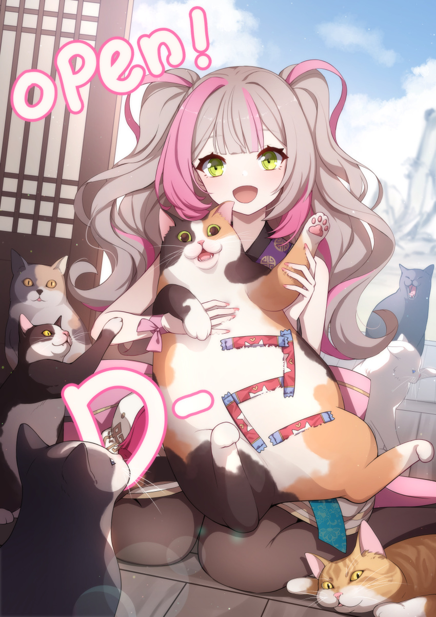 1girl absurdres animal_hands bangs blunt_bangs blush cat countdown eversoul green_eyes grey_hair hair_ribbon highres jiho_(eversoul) korean_clothes korean_commentary multicolored_hair nail_polish official_art open_mouth pet_food promotional_art ribbon sidelocks sitting thighhighs twintails two-tone_hair wariza