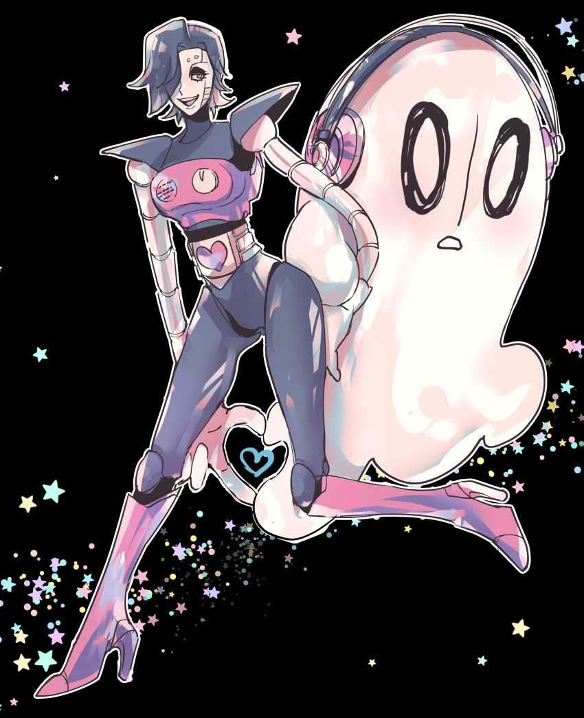 1boy 1other absurdres android black_background black_eyeshadow black_hair colored_skin eyeshadow full_body ghost hair_over_one_eye headphones heart heart_hands high_heels highres makeup male_focus mechanical_arms mettaton napstablook open_mouth pink_footwear robot shoji_sakura short_hair smile undertale white_skin