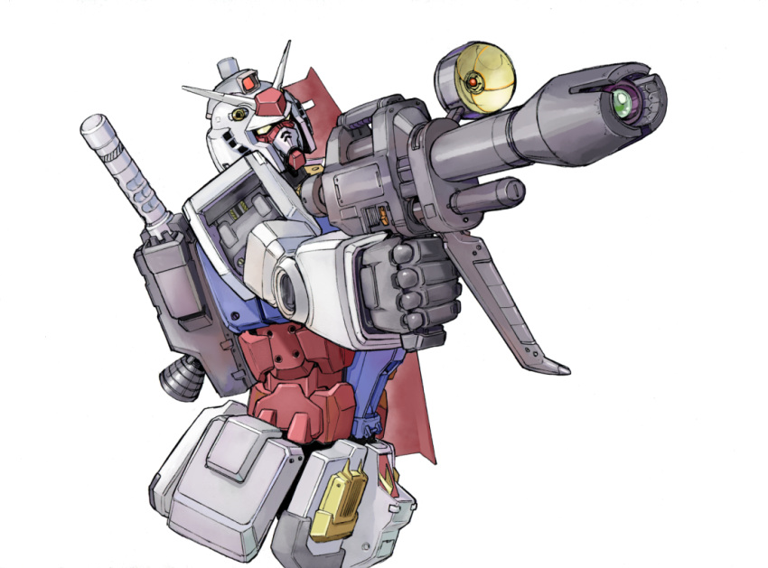 beam_rifle energy_gun from_side gun gundam holding holding_gun holding_shield holding_weapon leaning_back mecha mobile_suit mobile_suit_gundam no_humans robot rx-78-2 saitani_umetarou shield solo thrusters v-fin weapon white_background yellow_eyes