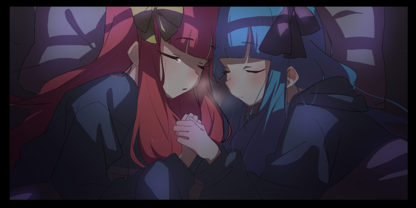2girls bangs black_border blue_hair blunt_bangs blush border closed_eyes closed_mouth commentary_request hair_ribbon hibimegane holding_hands kotonoha_akane kotonoha_aoi long_hair long_sleeves lying multiple_girls on_side parted_lips pillow red_hair ribbon siblings sisters sleeping tears under_covers upper_body very_long_hair voiceroid