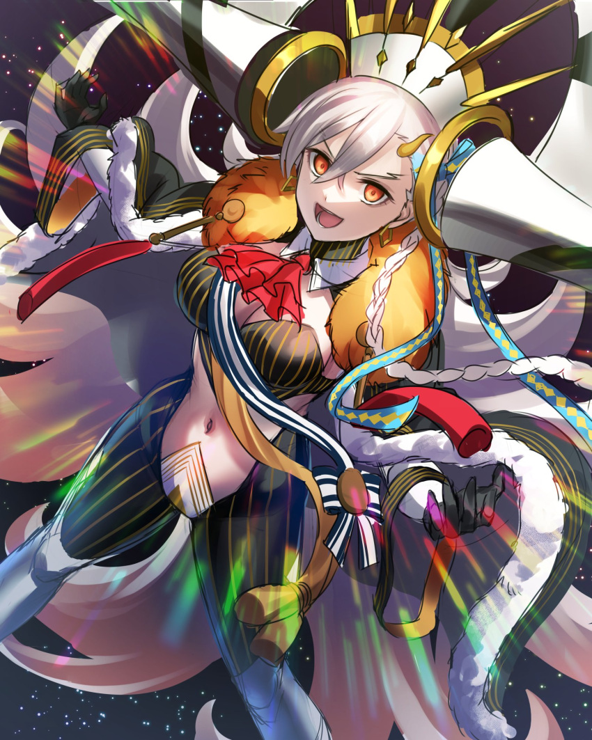 1girl ascot bangs black_cape black_gloves braid breasts cape cleavage commentary_request detached_collar earrings fate/grand_order fate_(series) fur_cape fur_collar fur_trim gloves gradient_hair gyoza_(pi512126) hair_between_eyes hair_ornament highres horns jewelry long_hair looking_at_viewer medium_breasts multicolored_hair navel olga_marie_animusphere open_mouth orange_eyes orange_hair red_ascot single_braid single_horn smile solo stomach striped two-tone_hair u-olga_marie vertical_stripes very_long_hair white_hair yellow_horns