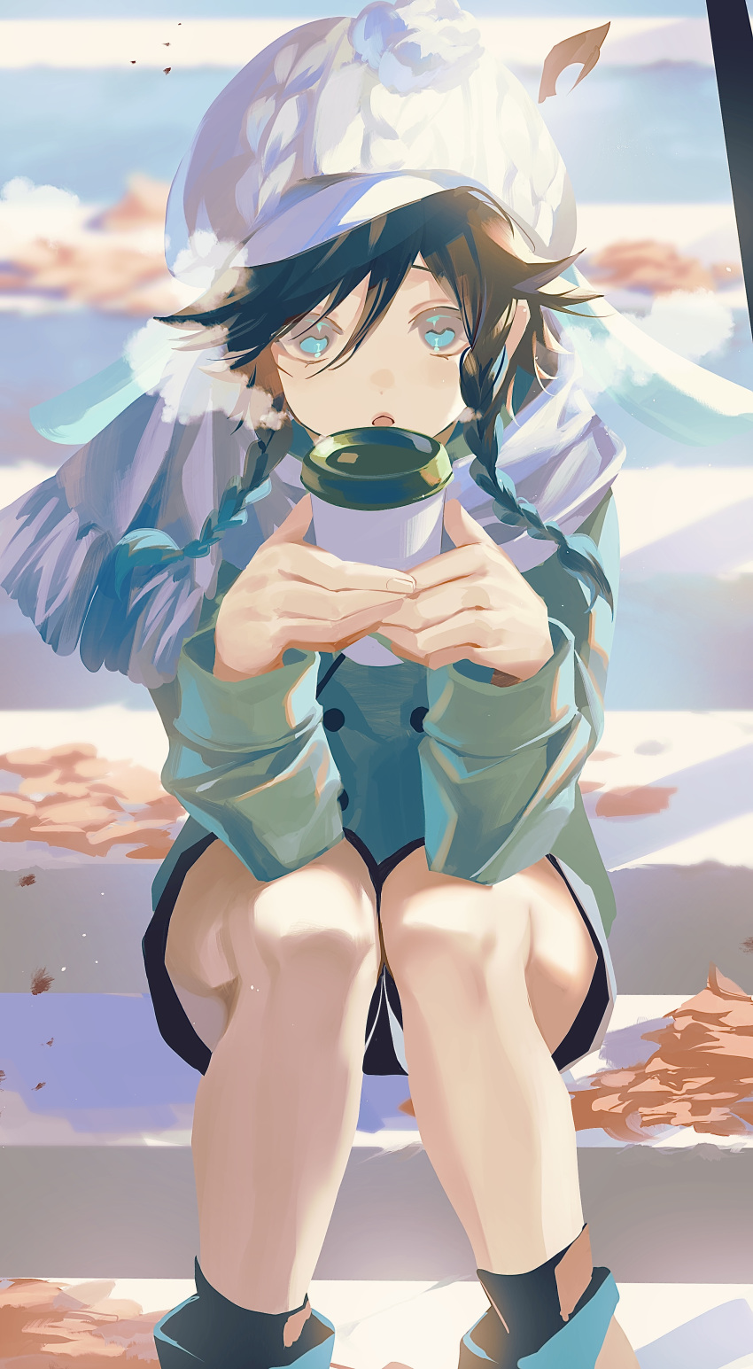 1boy absurdres black_hair black_shorts black_socks blue_eyes blue_hair braid coat coffee_cup cup disposable_cup genshin_impact green_coat green_footwear grey_scarf highres karonaru long_sleeves male_focus multicolored_hair otoko_no_ko scarf short_braid short_hair shorts sitting socks solo venti_(genshin_impact) winter