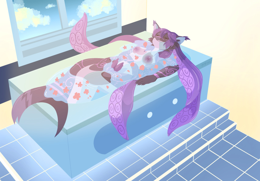 2_penises anthro bath bathing bathroom bathtub breasts diphallism eyes_closed fish fur genitals gynomorph hair hi_res hybrid inner_ear_fluff intersex karafuru lying marine mizu_tiago multi_genitalia multi_penis nude penis pseudo_hair purple_hair purple_penis shark solo tapering_penis tentacle_hair tentacles tuft