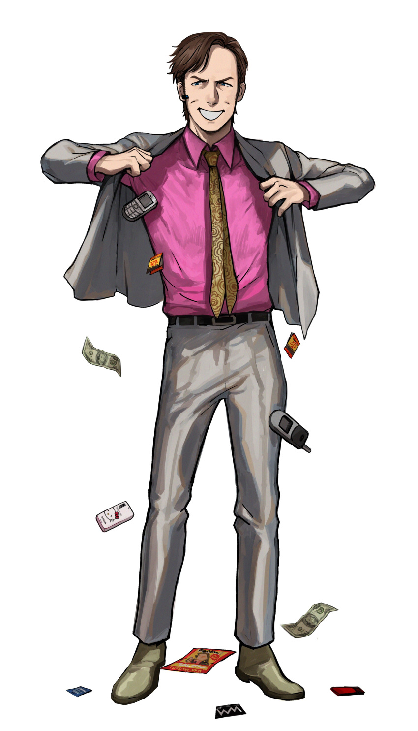 1boy absurdres animification blue_eyes breaking_bad brown_hair brown_necktie cellphone collared_shirt dollar_bill full_body green_footwear grey_jacket grey_pants headset hello_kitty hello_kitty_(character) highres jacket looking_to_the_side ma2_ereki male_focus necktie open_clothes open_jacket pants parted_lips phone pink_shirt saul_goodman shirt shoes smile solo v-shaped_eyebrows