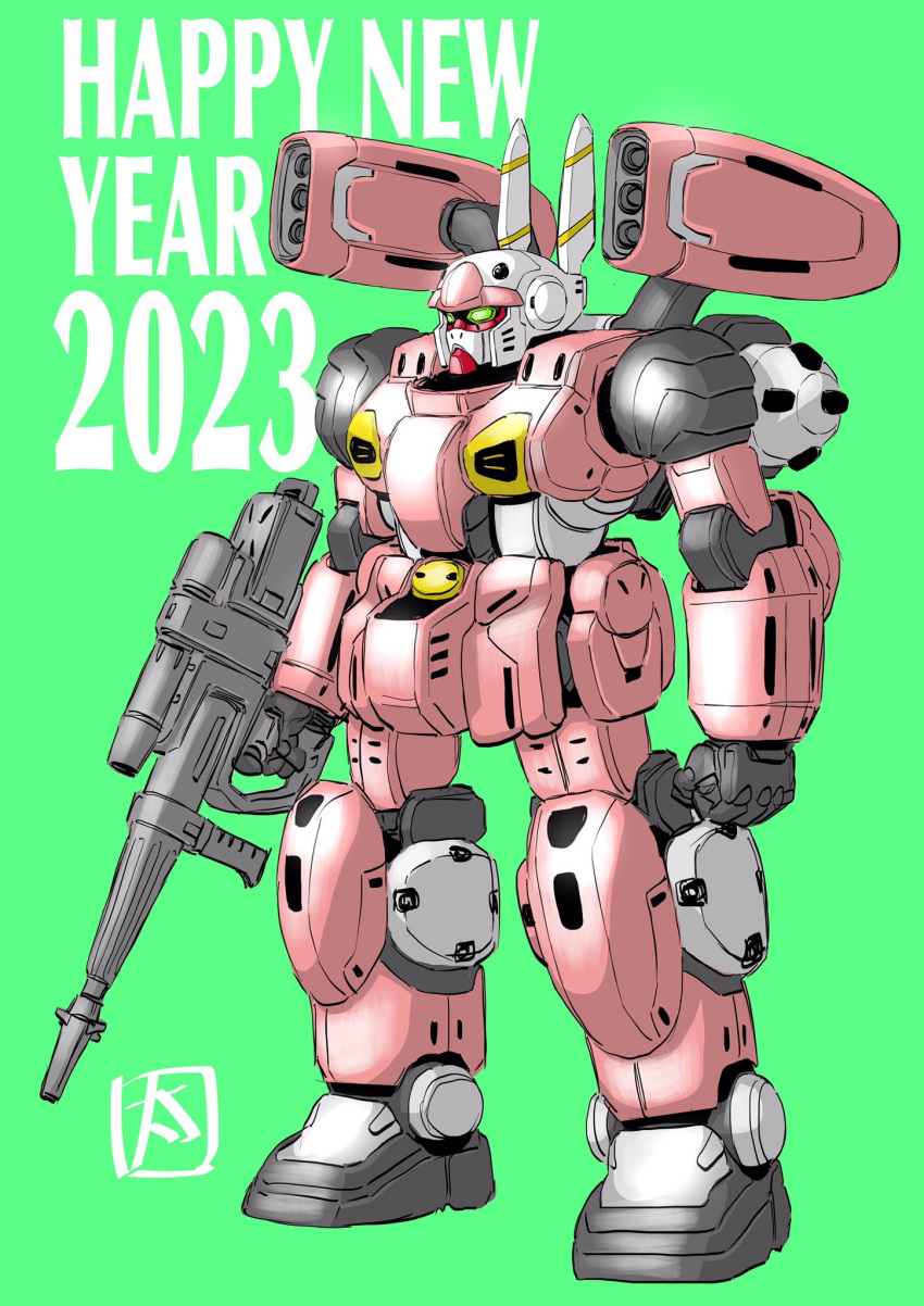 2023 beam_rifle chinese_zodiac clenched_hand energy_gun full_body green_background green_eyes gun guncannon gundam happy_new_year highres holding holding_gun holding_weapon mecha mechanical_ears mobile_suit mobile_suit_gundam no_humans ohtagaki_yasuo robot science_fiction shoulder_cannon simple_background solo standing weapon year_of_the_rabbit