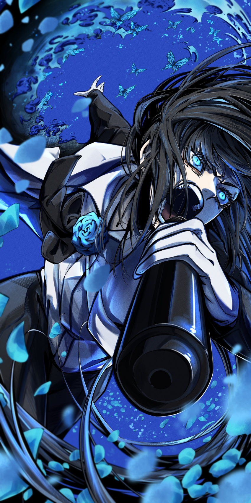 1girl absurdres ado_(singer) angry bangs black_hair blue_background blue_butterfly blue_eyes blue_flower blue_rose blue_theme bug butterfly collared_shirt cowboy_shot dress_shirt floating_hair flower formal furious furrowed_brow gloves glowing glowing_eyes highres holding holding_microphone long_hair long_sleeves microphone music niconico outstretched_arm pant_suit pants petals rose screaming shirt singing solo suit taiju_(gr09kuma) teeth utaite_(singer) v-shaped_eyebrows white_gloves white_shirt