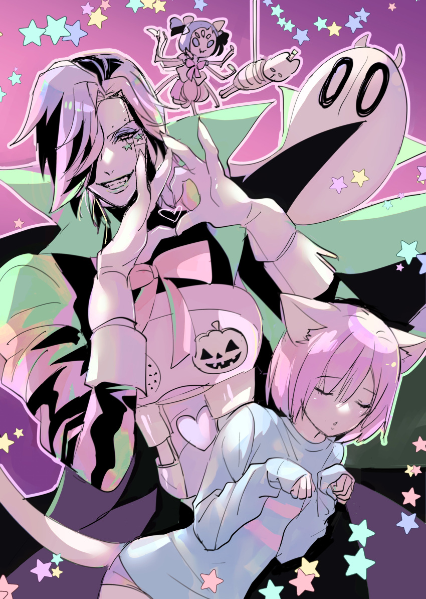1boy 1girl 2others absurdres androgynous android animal_ears arthropod_girl blue_eyeshadow blue_shirt bob_cut cape cat_ears cat_other cat_tail closed_eyes cowboy_shot demon_horns extra_arms extra_eyes eyeshadow facepaint frisk_(undertale) ghost gloves grin hair_between_eyes hair_over_one_eye halloween halloween_costume heart heart_hands highres horns long_sleeves looking_at_viewer makeup mettaton muffet multiple_others napstablook parted_lips paw_pose robot shirt shoji_sakura short_hair smile spider_girl starry_background striped striped_shirt tail twintails undertale white_gloves