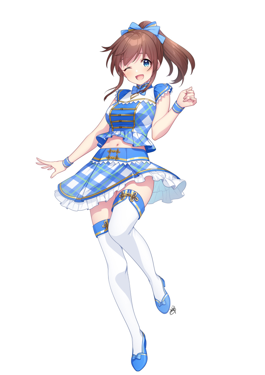 1girl absurdres bangs blue_bow blue_bowtie blue_eyes blue_footwear blue_shirt blue_skirt blue_wristband bow bowtie breasts brown_hair checkered_clothes checkered_shirt checkered_skirt commentary dot_nose frilled_shirt frilled_skirt frills full_body hair_bow hand_up highres idolmaster idolmaster_million_live! leg_up legs long_hair looking_at_viewer medium_breasts midriff_peek mikapoe navel one_eye_closed open_mouth ponytail satake_minako shirt shoes short_sleeves sidelocks skirt smile solo thighhighs thighs white_background white_thighhighs wristband