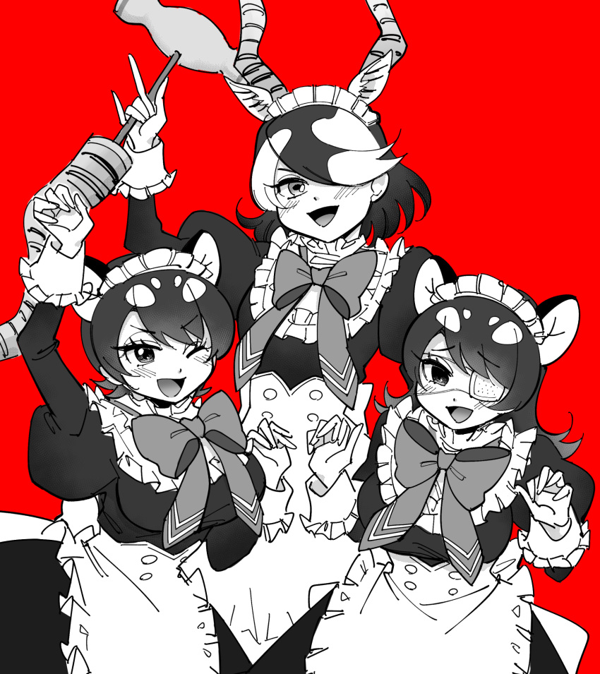 3girls alternate_costume antelope_ears antelope_horns apron australian_devil_(kemono_friends) batten_japari_dan black_dress blackbuck_(kemono_friends) dress enmaided eyepatch frilled_apron frilled_dress frills highres horn_lance juliet_sleeves kemono_friends kemono_friends_3 long_sleeves maid maid_apron maid_headdress mallet_horn_lance medical_eyepatch multiple_girls puffy_short_sleeves puffy_sleeves short_sleeves tasmanian_devil_(kemono_friends) tasmanian_devil_ears tasmanian_devil_tail waist_apron white_apron wrist_cuffs yokuko_zaza