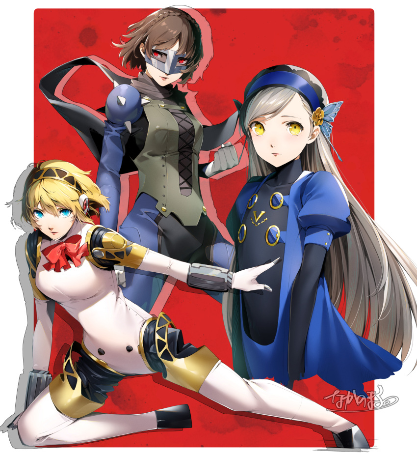 3girls absurdres aegis_(persona) android bangs black_hairband black_scarf blonde_hair blue_dress blue_hairband bodysuit bow bowtie braid brown_hair commentary_request cropped_torso crown_braid dress eye_mask grey_hair hairband headphones highres joints lavenza_(persona_5) lips long_hair looking_at_viewer mask masked multiple_girls nakano_maru niijima_makoto persona persona_3 persona_5 pink_lips puffy_sleeves red_bow red_bowtie robot robot_ears robot_joints scarf short_hair shoulder_spikes spikes swept_bangs yellow_eyes