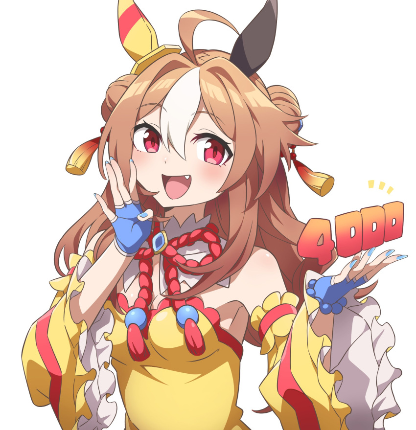 1-4daithi 1girl ahoge animal_ears anime_coloring armpits breasts brown_hair commentary_request copano_rickey_(umamusume) detached_sleeves double_bun fang fingerless_gloves gloves hair_between_eyes hair_bun highres horse_ears looking_at_viewer medium_breasts nail_polish open_mouth red_eyes simple_background solo umamusume white_background