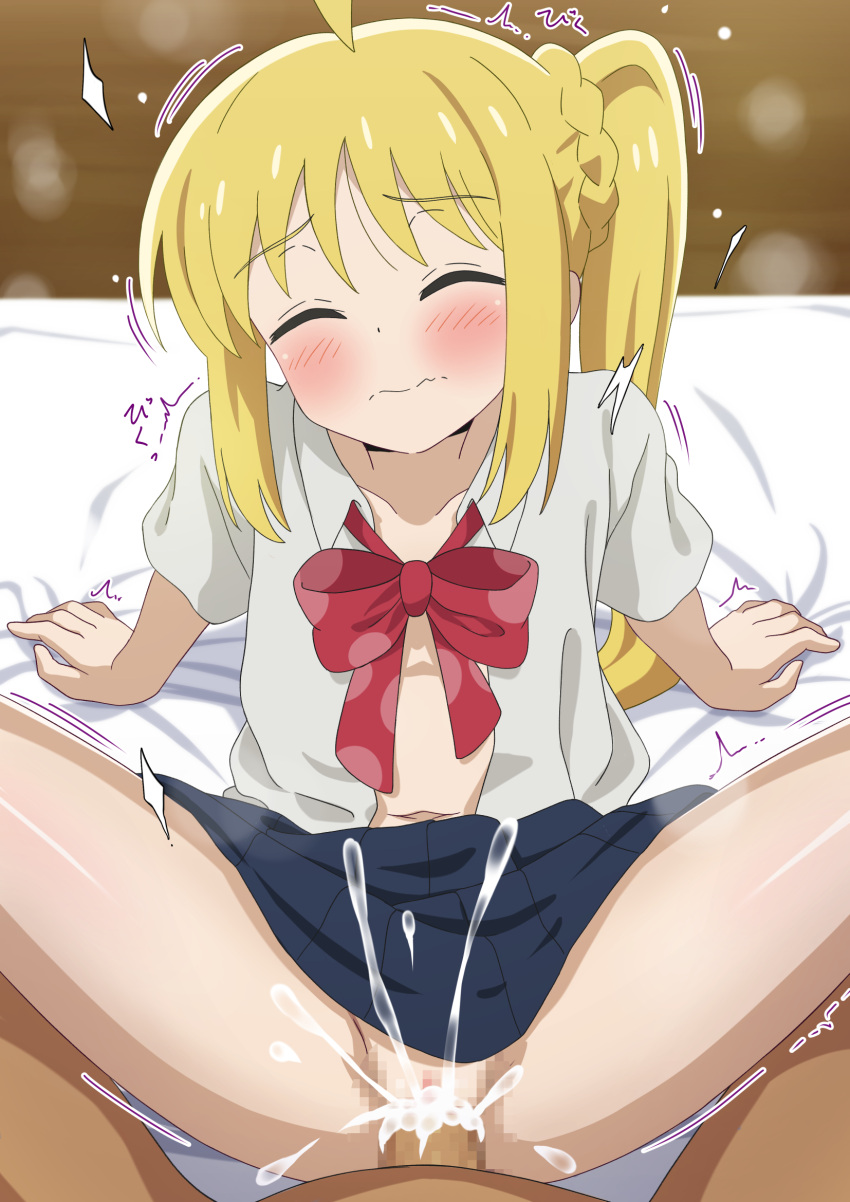 1boy 1girl ahoge arm_support blonde_hair blush bocchi_the_rock! bow bowtie censored closed_eyes closed_mouth cum cum_in_pussy dbmaster hetero highres ijichi_nijika long_hair mosaic_censoring open_clothes open_shirt overflow penis pussy red_bow red_bowtie sex shirt side_ponytail sitting skirt solo_focus vaginal wavy_mouth white_shirt