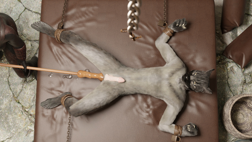 3d_(artwork) absurd_res anthro anus balls bed bethesda_softworks bound butt claws claws_out clothed clothing cuff_(restraint) digital_media_(artwork) dildo dildo_insertion duo felid female forced fully_clothed fur furniture gag genitals grey_body grey_fur hi_res high-angle_view hollaric inside khajiit lying male male/female male_penetrated mammal muzzle_(object) muzzled on_back penetration penis rape restrained restraints sex_toy sex_toy_insertion spread_arms spread_eagle spread_legs spreading submissive submissive_male the_elder_scrolls yellow_eyes