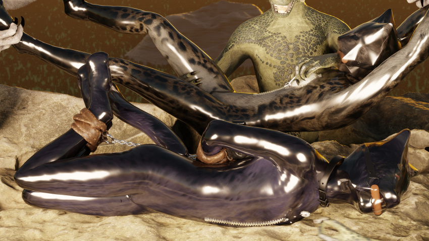 3d_(artwork) absurd_res argonian bdsm bethesda_softworks body_bag bondage bound clothing digital_media_(artwork) duo felid food gag gagged group hi_res hollaric khajiit male male/male mammal meat restrained rubber rubber_clothing rubber_suit sausage scalie snuff the_elder_scrolls trio zipper