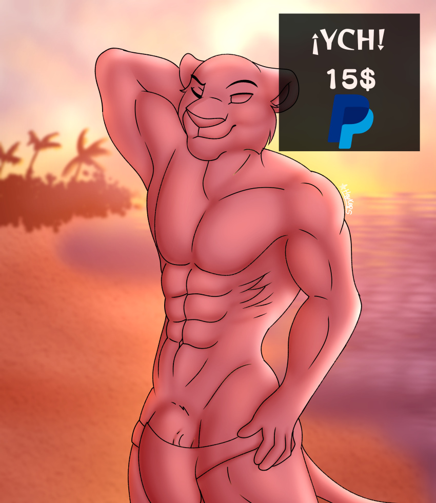 absurd_res anthro beach big_bulge big_penis bulge dylkoparts felid feline genitals hi_res humanoid jaguar lion male male/male mammal muscular muscular_male pantherine penis seaside solo tiger ych