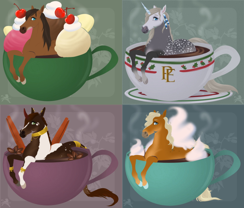 2022 2023 adnan_(gayletrotter) ambiguous_gender blonde_hair blonde_mane blue_eyes brown_body brown_hair brown_mane cherry cinnamon_(spice) collar container cuffs_(clothing) cup dappled_fur dessert digital_media_(artwork) dolero equid equine eyebrows facial_markings feathers feral fluffymare food fruit gayle_(gayletrotter) green_eyes grey_hair grey_mane grey_tail hair head_markings hi_res hooves horn horse ice_cream jasmine_(allenh13) jewelry looking_at_viewer mammal mane markings multicolored_body multiple_images plant simple_background solo two_tone_body unicorn yellow_tail