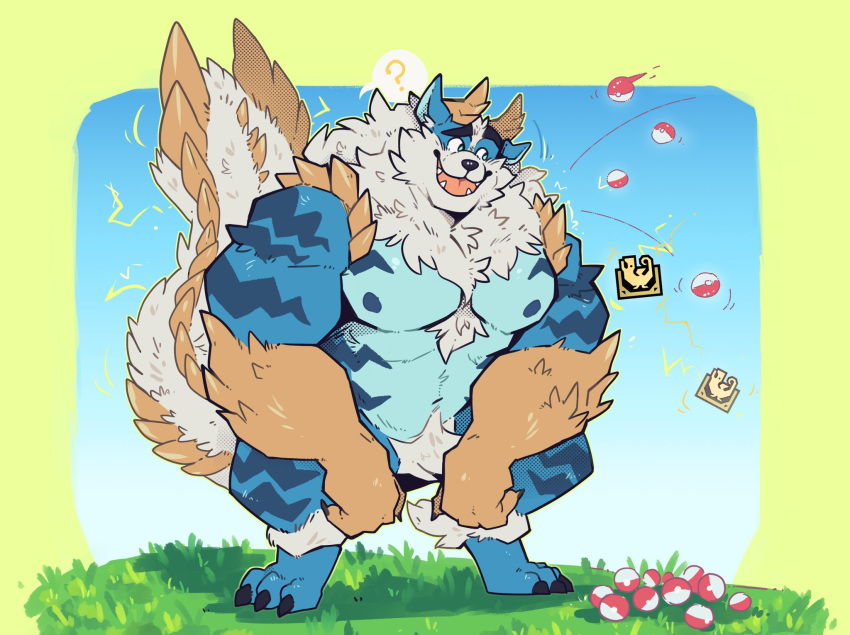 ankle_tuft anthro arcanine big_muscles biped blue_body blue_eyes blue_fur body_hair canid canine capcom chest_fur chest_hair claws crotch_tuft digitigrade fanged_wyvern fur generation_1_pokemon hi_res horn huge_muscles hybrid leg_tuft male mammal mane monster_hunter muscular muscular_anthro muscular_male nintendo pecs pokeball pokemon pokemon_(species) scales scalie solo spikes spikes_(anatomy) tan_body tan_scales thick_thighs toe_claws tongue tuft white_body white_fur zaviz zinogre