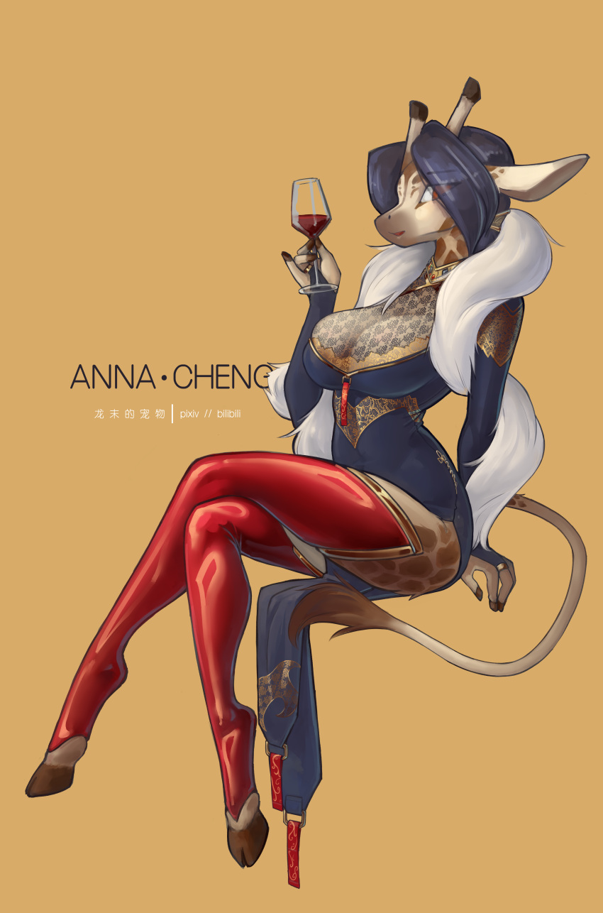 absurd_res anthro asian_clothing big_breasts breasts chinese_clothing chinese_dress clothed clothing dress east_asian_clothing female fur giraffe giraffid hair hi_res latex legwear looking_at_viewer mammal rubber shanher simple_background smile solo stockings