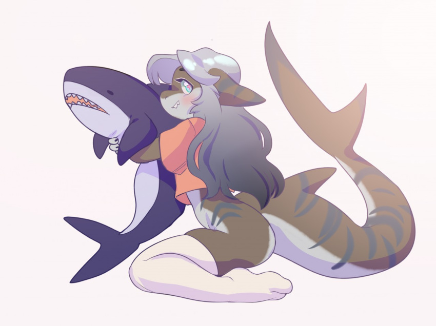 2019 anthro anutka biped blue_eyes blue_hair blush bottomless clothed clothing countershade_face countershade_scales countershade_tail countershade_torso countershading digital_media_(artwork) female fish footwear grey_body grey_hair grey_scales hair holding_object holding_plushie kneeling legwear long_hair looking_at_viewer luka_(anutka) marine plushie scales shaded shark shark_plushie sharp_teeth side_view simple_background skindentation smile socks solo squish striped_body striped_scales stripes tail teeth thick_tail thigh_highs thigh_socks thigh_squish white_background white_clothing white_footwear white_legwear white_socks white_thigh_highs white_thigh_socks