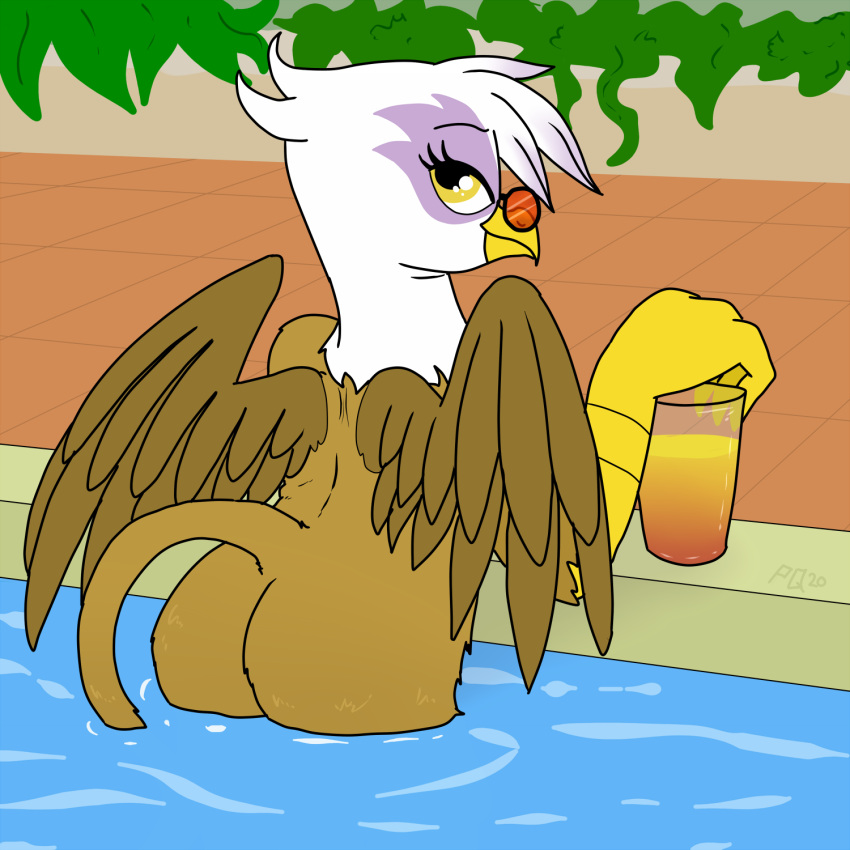 2020 alcohol avian beak beverage brown_body brown_feathers brown_fur brown_tail butt digital_drawing_(artwork) digital_media_(artwork) eyelashes eyewear feathered_wings feathers female feral friendship_is_magic fur gilda_(mlp) gryphon hasbro hi_res looking_at_viewer looking_back looking_back_at_viewer my_little_pony mythological_avian mythology partially_submerged plant pony_quarantine shrub solo suggestive sunglasses swimming_pool talons water white_body white_feathers wings yellow_eyes