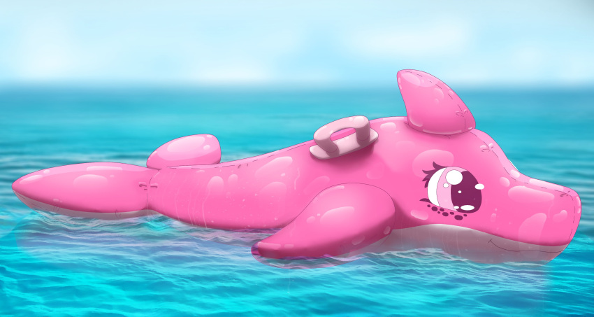 absurd_res ambiguous_gender animate_inanimate cetacean day detailed_background digital_media_(artwork) dolphin eyelashes feral freckles glistening glistening_body handles hi_res inflatable living_inflatable mammal marine mintychipart outside partially_submerged pink_body pink_eyes pool_toy shaded solo toothed_whale water